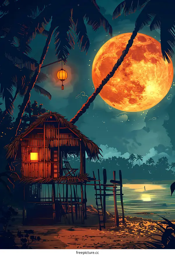 Tropical Night with Full Moon and Small Cottage