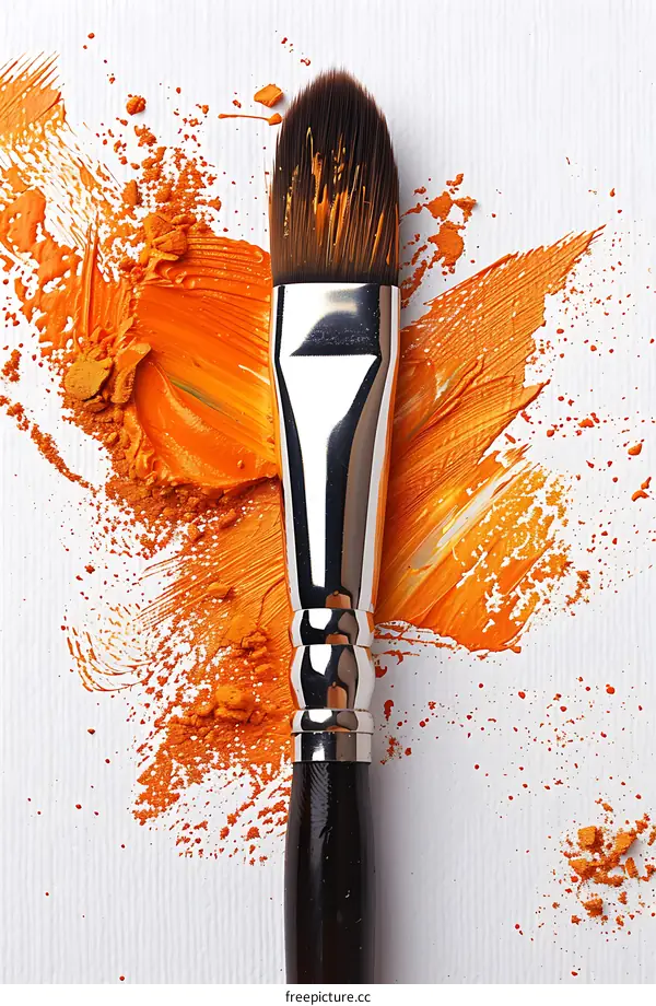 Paintbrush with orange paint on canvas