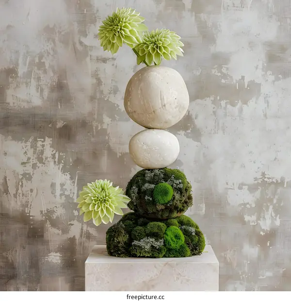 Green Flowers and Stones on a Beige Wall