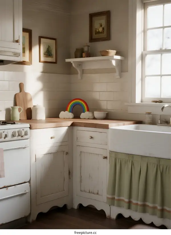 Sunlit Small Kitchen with White Cabinetry and Rainbow Decoration