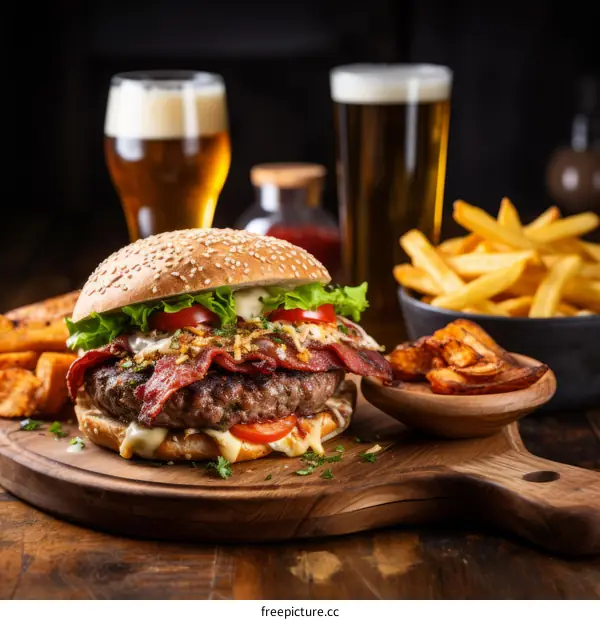 A delicious bacon cheeseburger with a side of fries and a glass of beer