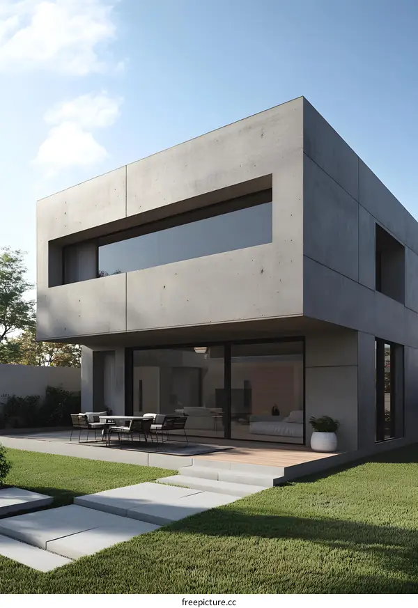 Modern Concrete House with Large Windows and Patio