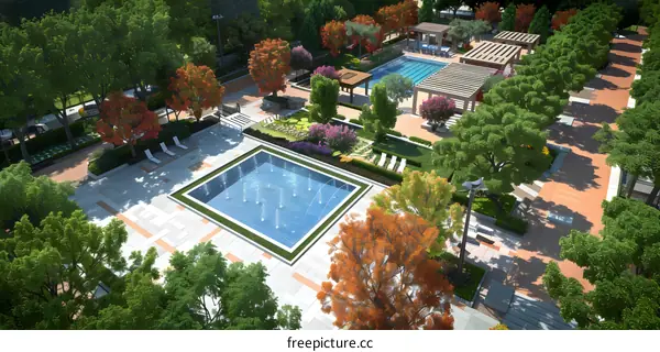 Aerial View of a Park with a Fountain and Pool