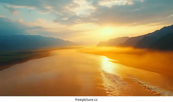 Golden Sunset Over Mountain River Landscape