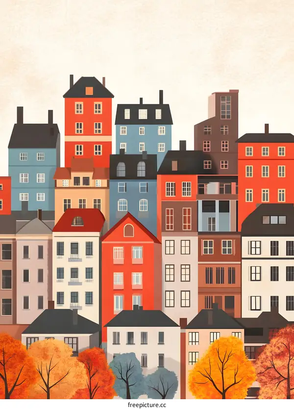 Colorful Cityscape Illustration with Autumn Trees