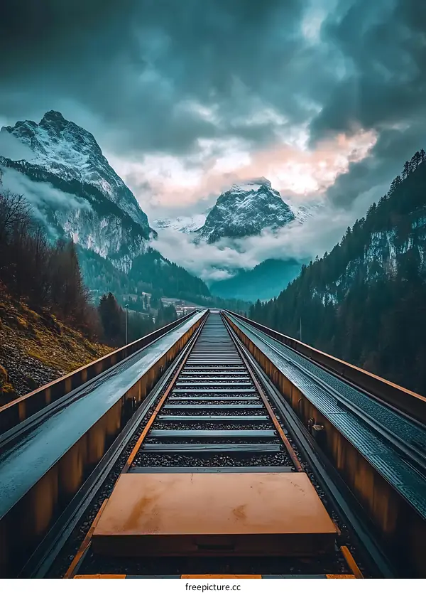 Train Tracks Leading Towards Snowy Mountains