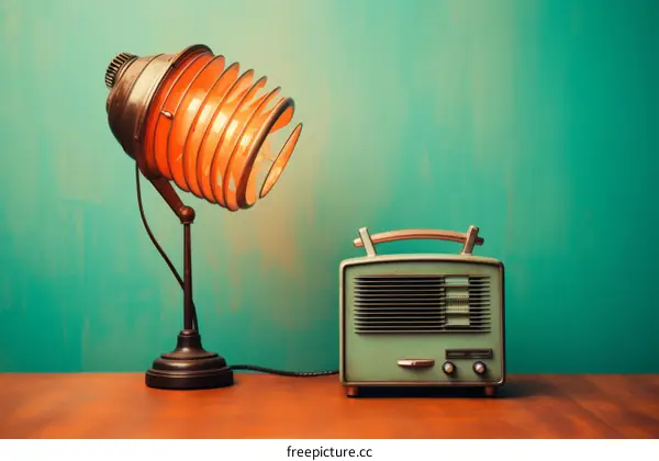 Retro Radio and Lamp on Wooden Table