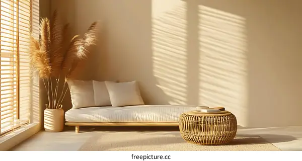 Minimalist Living Room with Natural Light and Rattan Furniture