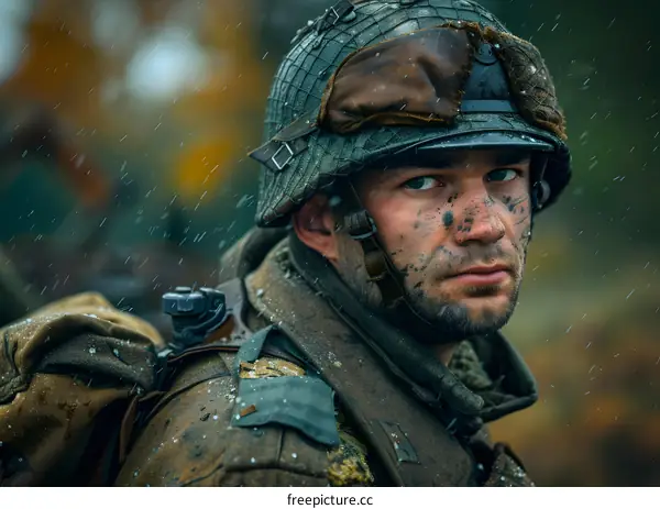 A soldier in a German military helmet looks out from the rain.