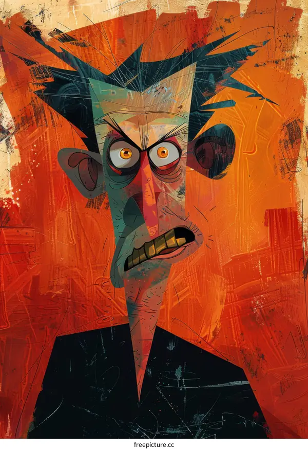 An illustration of a man with a large head and a scowl on his face. He is wearing a black suit and has his hands in his pockets.