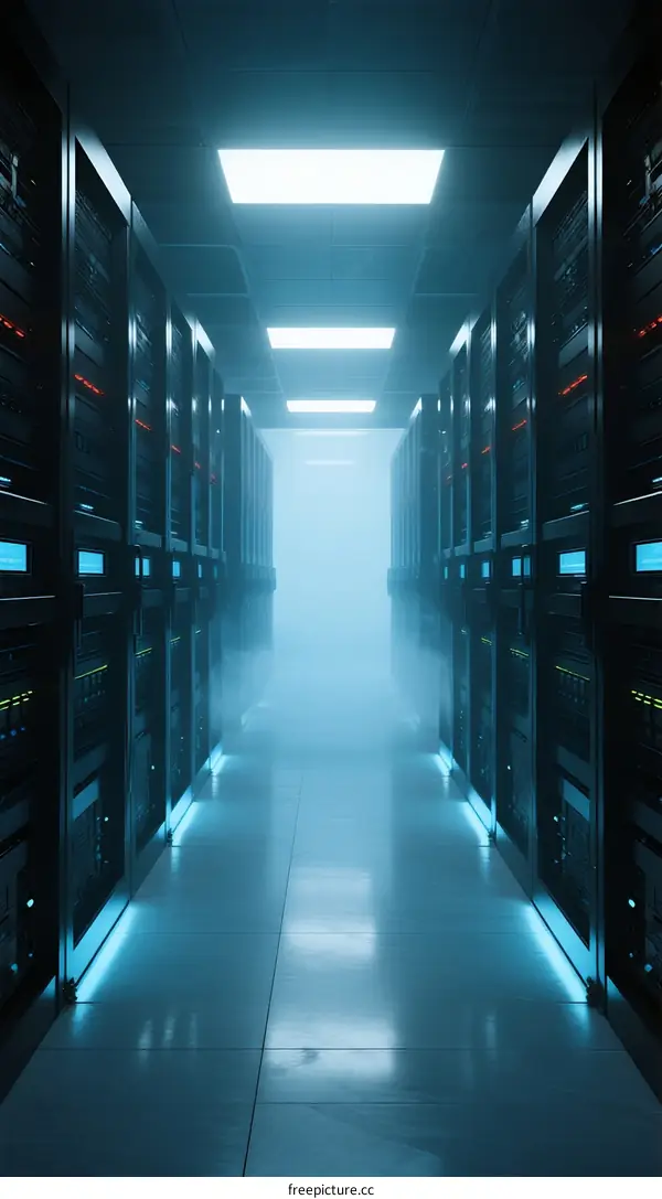 Server room with rows of cabinets and blue lighting