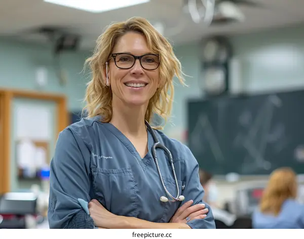 Portrait of a Smiling Veterinarian in a Blue Scrubs