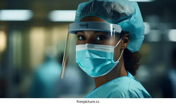 A Black Female Doctor Wearing A Face Mask And Face Shield