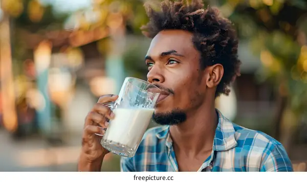 African American Man Drinking Milk Outdoors