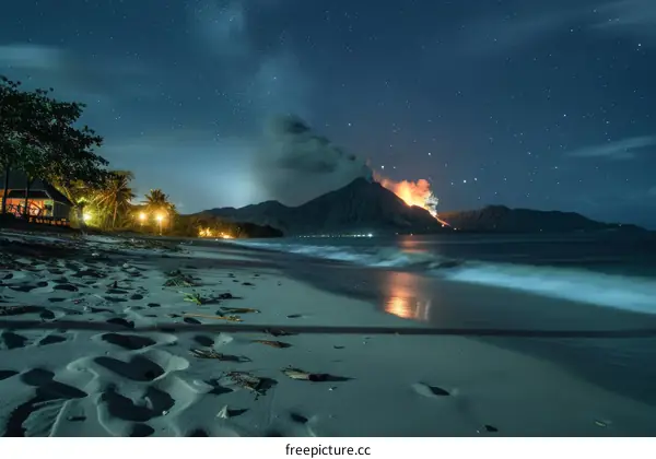 Night view of an erupting volcano from a beach