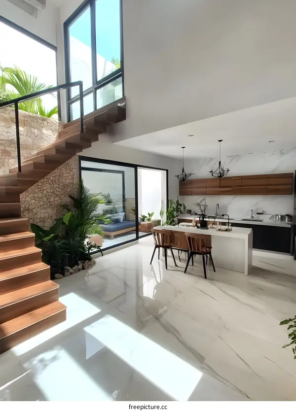 Modern Minimalist Kitchen Interior Design With White Marble Floor And Wooden Stairs