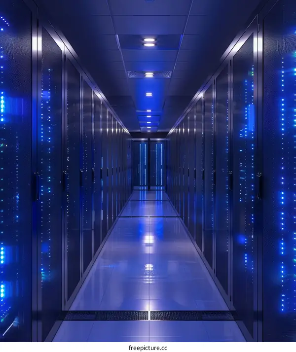 Modern Data Center Corridor with Blue Lighting