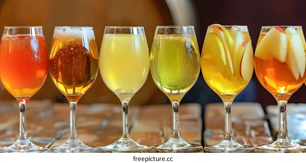 Six Glasses Of Different Flavored Sparkling Wine