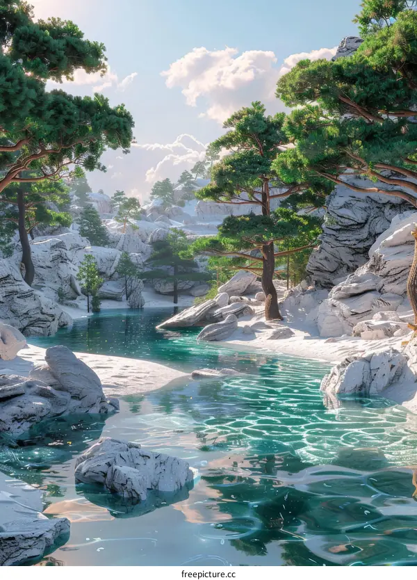 Rocks, Water, and Trees in a Serene Forest