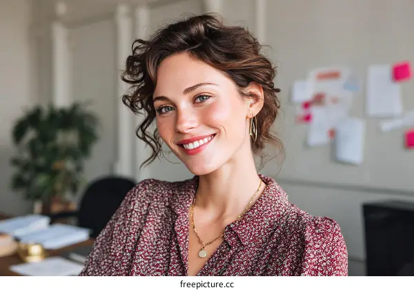 Smiling Woman in a Stylish Office Setting