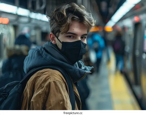 Portrait of a young man wearing a mask in a subway station