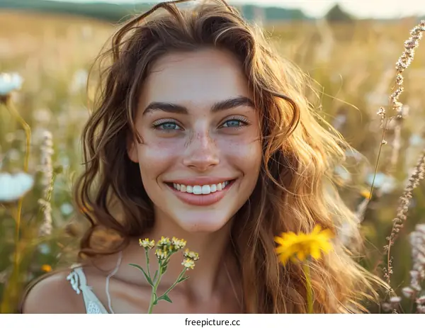 Smiling woman with freckles in a field of flowers
