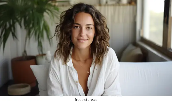 Portrait of a beautiful young woman with curly hair smiling