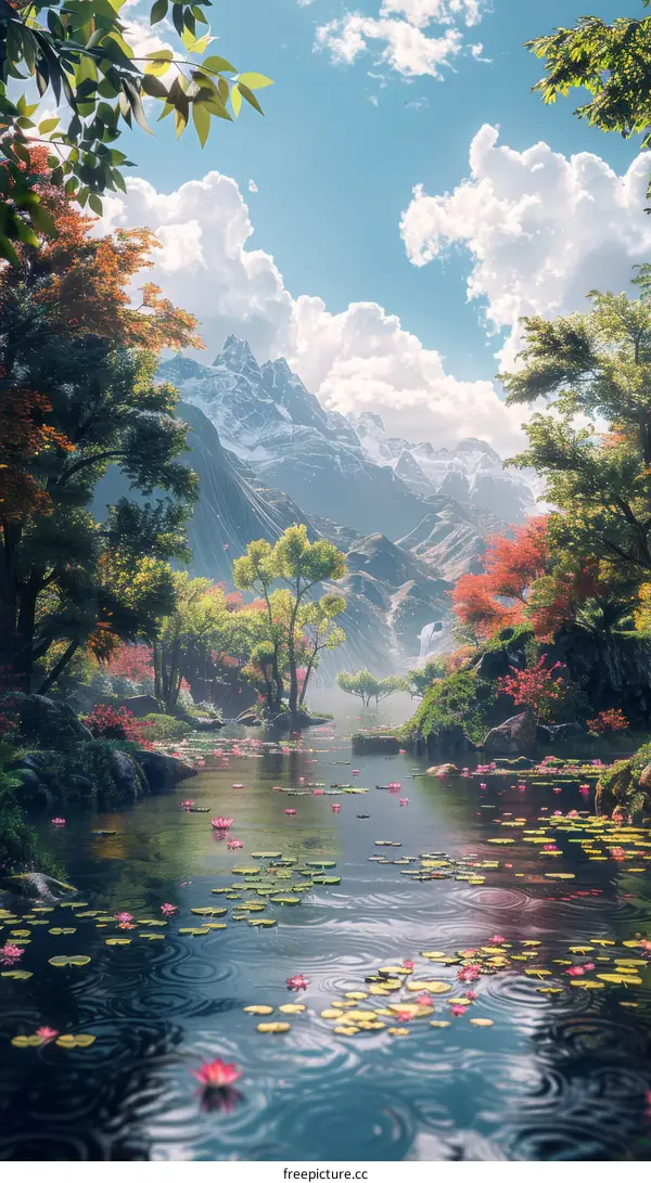 Vivid Forest with Colorful Trees and Stream