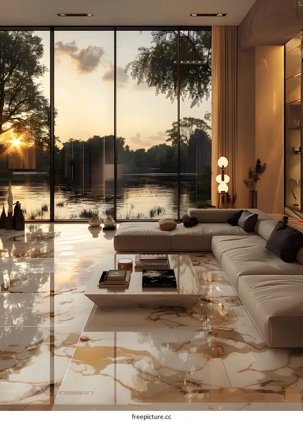 Luxury living room interior with lake view