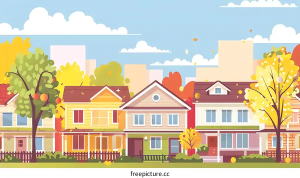 Autumn Landscape with Houses and Trees Illustration