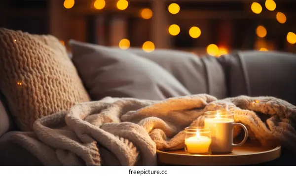 Cozy Living Room with Soft Blanket, Candles, and a Cup