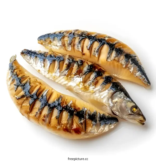 Three grilled mackerels on a white background