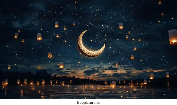 Romantic Night Sky with Floating Lanterns and Crescent Moon