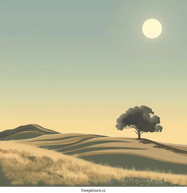 Lonely Tree on a Hilltop with Sunset Sky