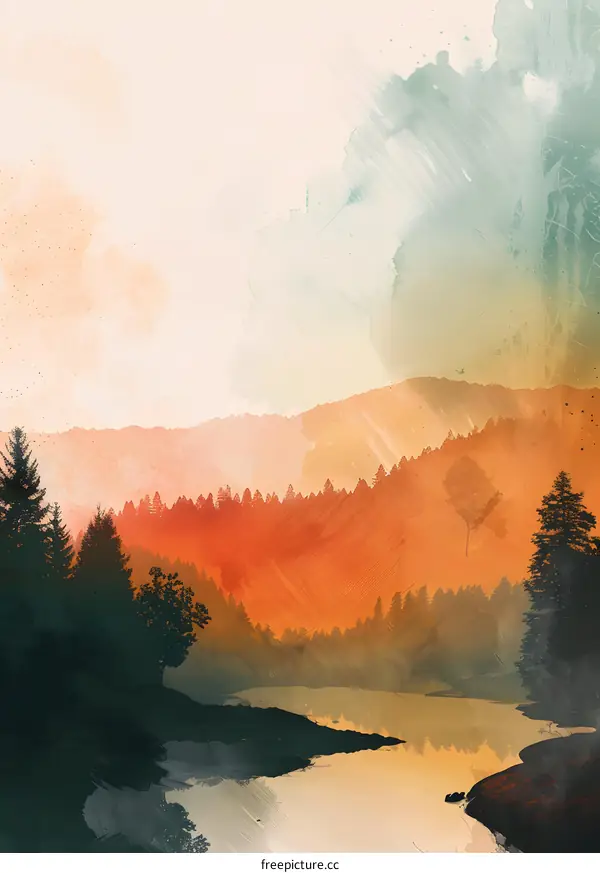 Watercolor Landscape with Mountains and River