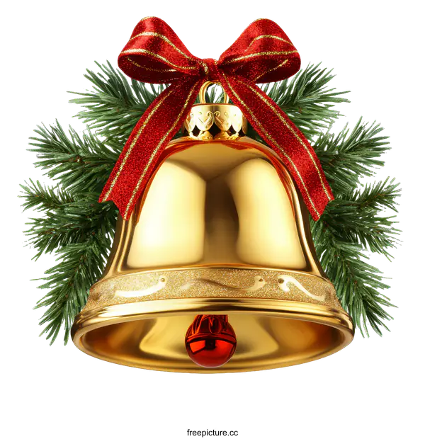 [Transparent Background PNG]Golden Christmas Bell Decorated with Red Ribbon