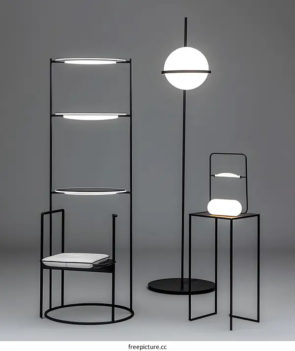 Modern Black Metal Floor Lamps with Shelf and Chair