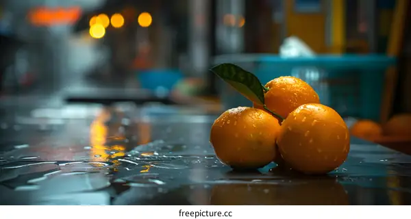 Fresh Oranges With Water Drops On A Wet Table