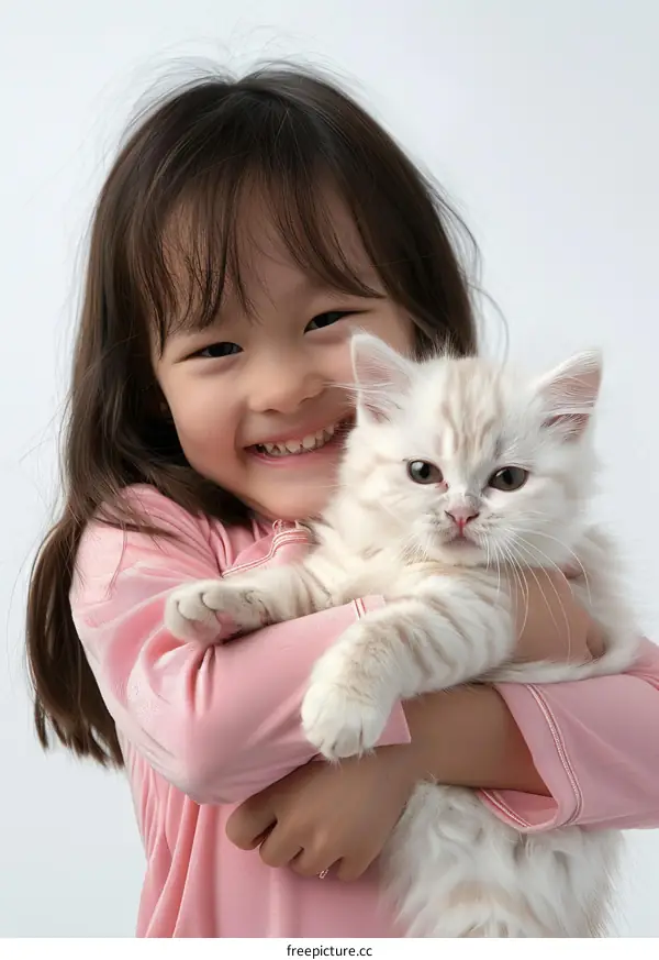 A cute Asian girl hugging a white kitten