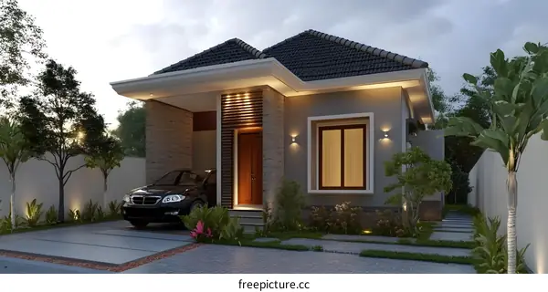 Modern House Design With Front Yard And Car
