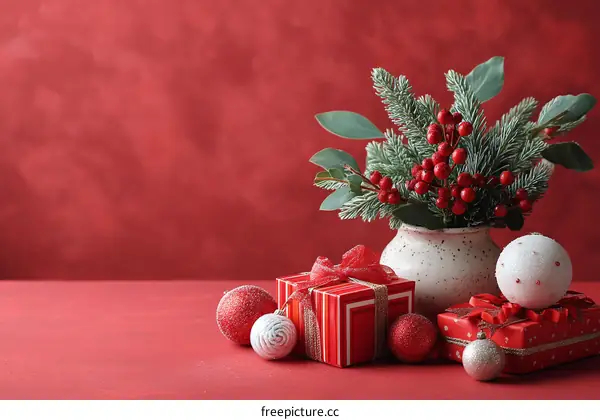 Christmas Decorations on a Red Background