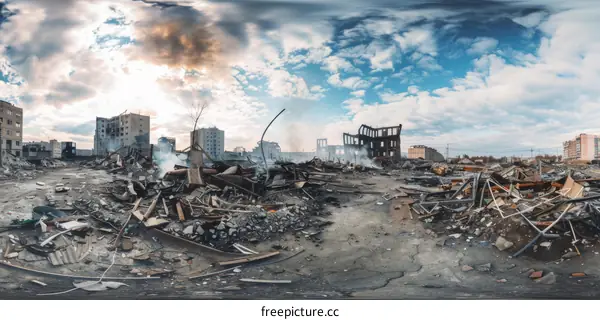 Post-apocalyptic City Ruins under Cloudy Sky