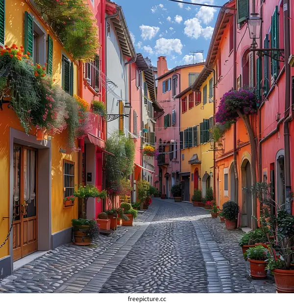 Colorful Houses In A Narrow Street In Italy