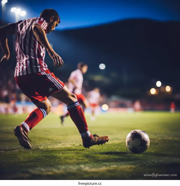 A soccer player in a red and white striped jersey is kicking the ball past defenders.