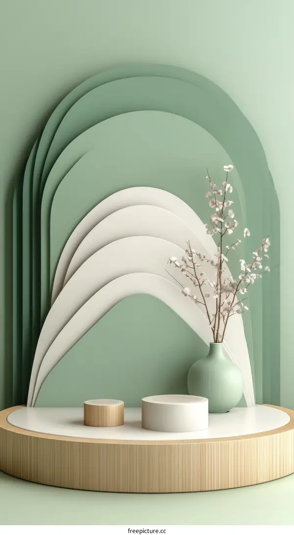 Elegant Green and White Display Podium with Blossoms