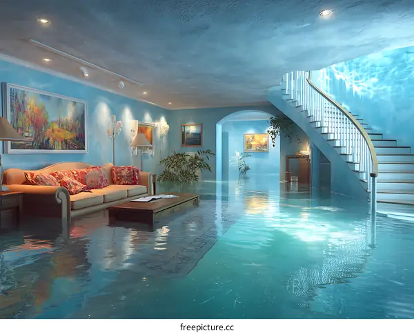 Flooded Interior Room with Staircase Illustration