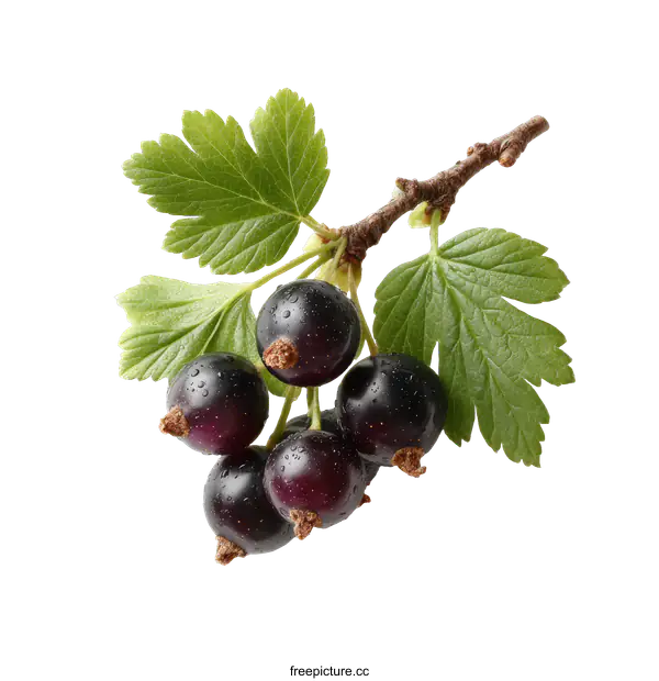 [Transparent Background PNG]Fresh Black Currants on Branch with Leaves