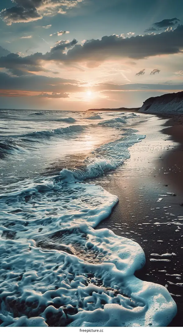 The setting sun casts a golden glow on the beach at low tide