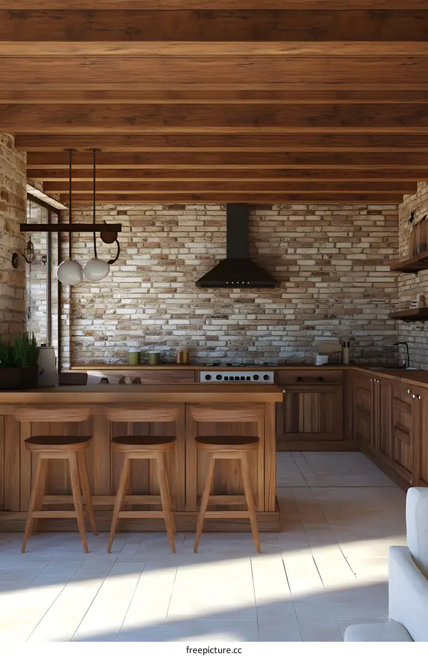 Modern Kitchen Design with Wooden Ceiling Beams and Brick Wall