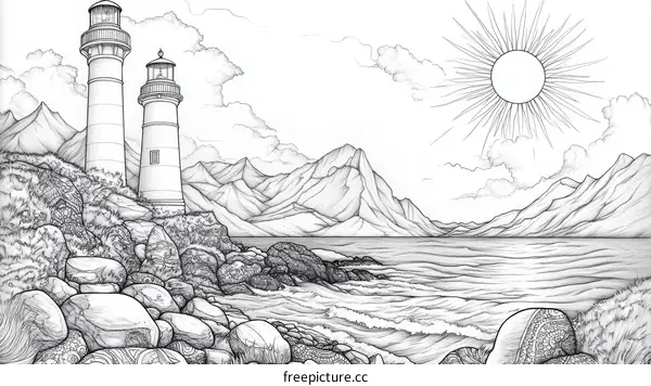 Lighthouses on Rocky Coastline Illustration